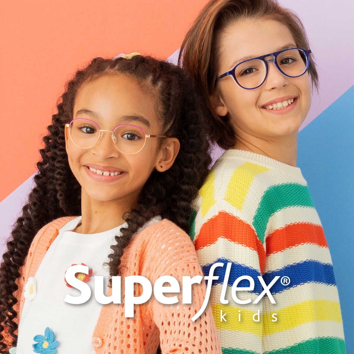 Young kids , standing back to back and smiling at the camera, showing off two different Superflex Kids frames