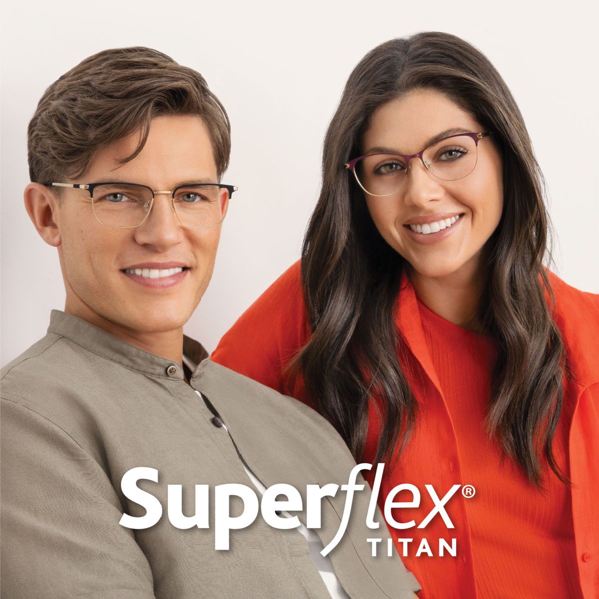 Man and woman looking at camera and smiling, wearing Superflex Titan glasses