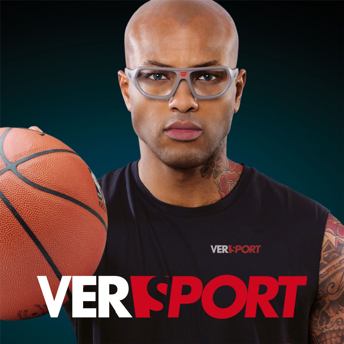 A black man with a shaved head and tattoos wears a black tank-top and palming a basketball, faces the camera modeling grey VERSPORT frames. VERSPORT logo located along the bottom.