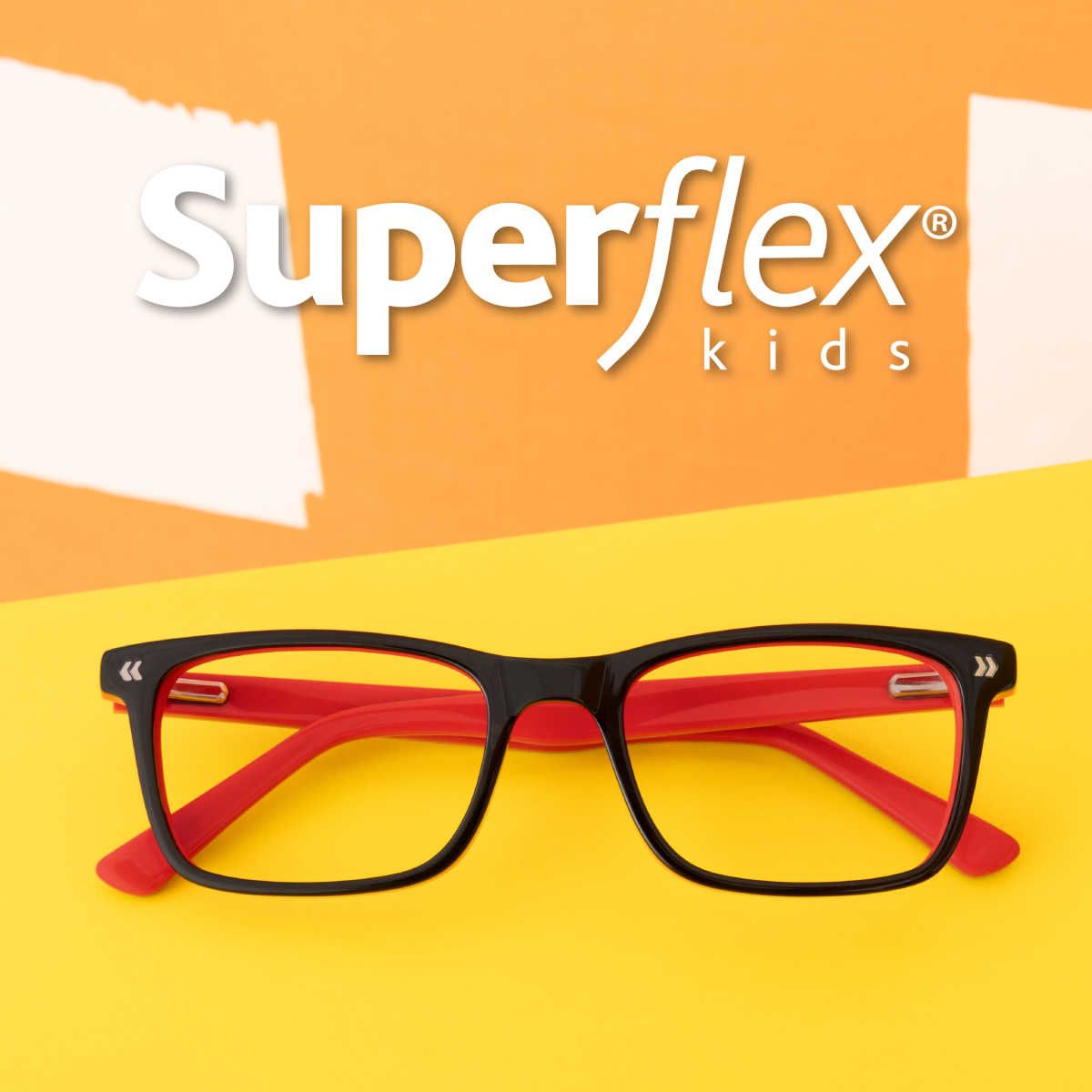 One pair of black frames with red temples on a yellow background under the Superflex Kids logo