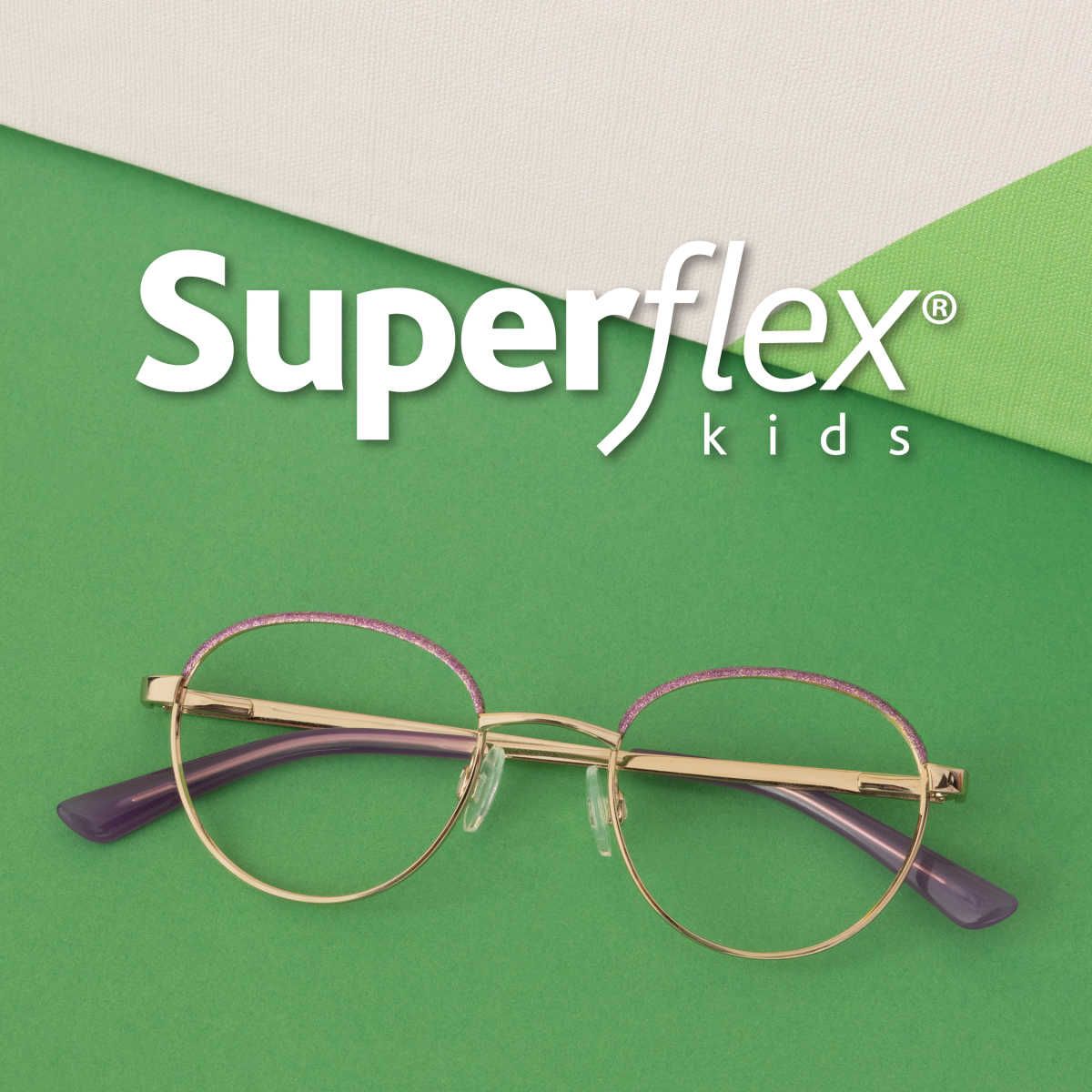 Shimmering purple and gold frames on a green background under the Superflex Kids logo