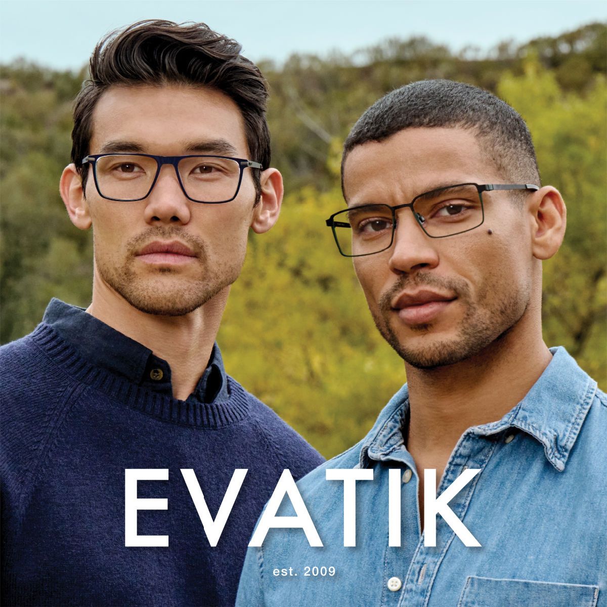 Two male models in stylish blue shirts facing toward the camera showing off two different styles of square frames. EVATIK logo in white along the bottom.