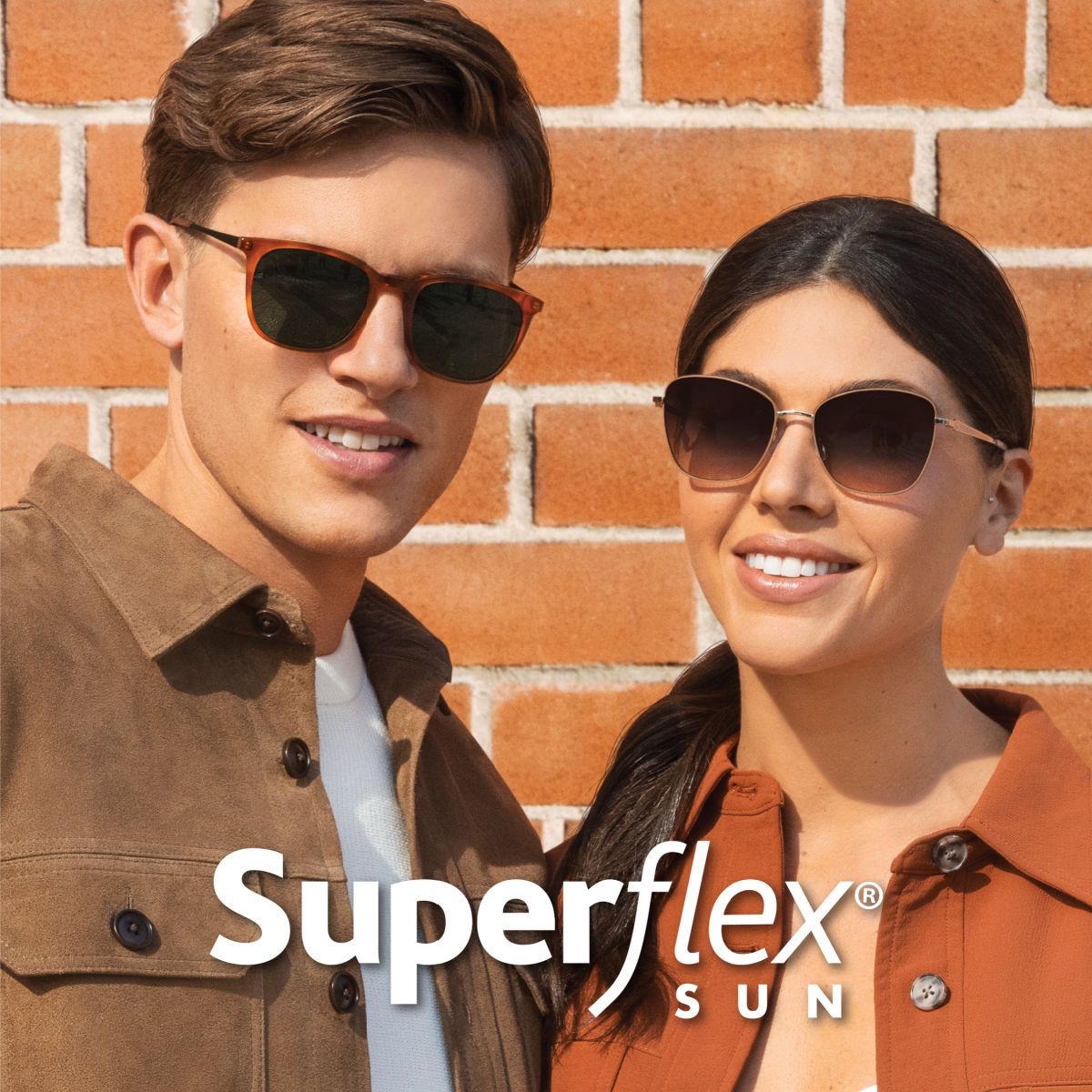 Man and woman looking at the camera with Superflex Sunglasses