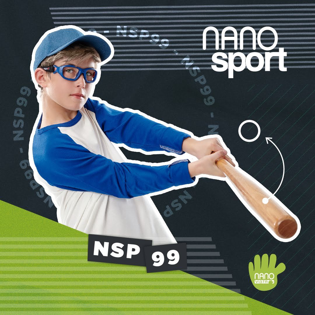 Young blond boy in a blue and white baseball shirt, blue baseball cap, and thick blue frames that strap around his head, swings a baseball bat against a busy black bacground. Nano Sport logo in upper right.
