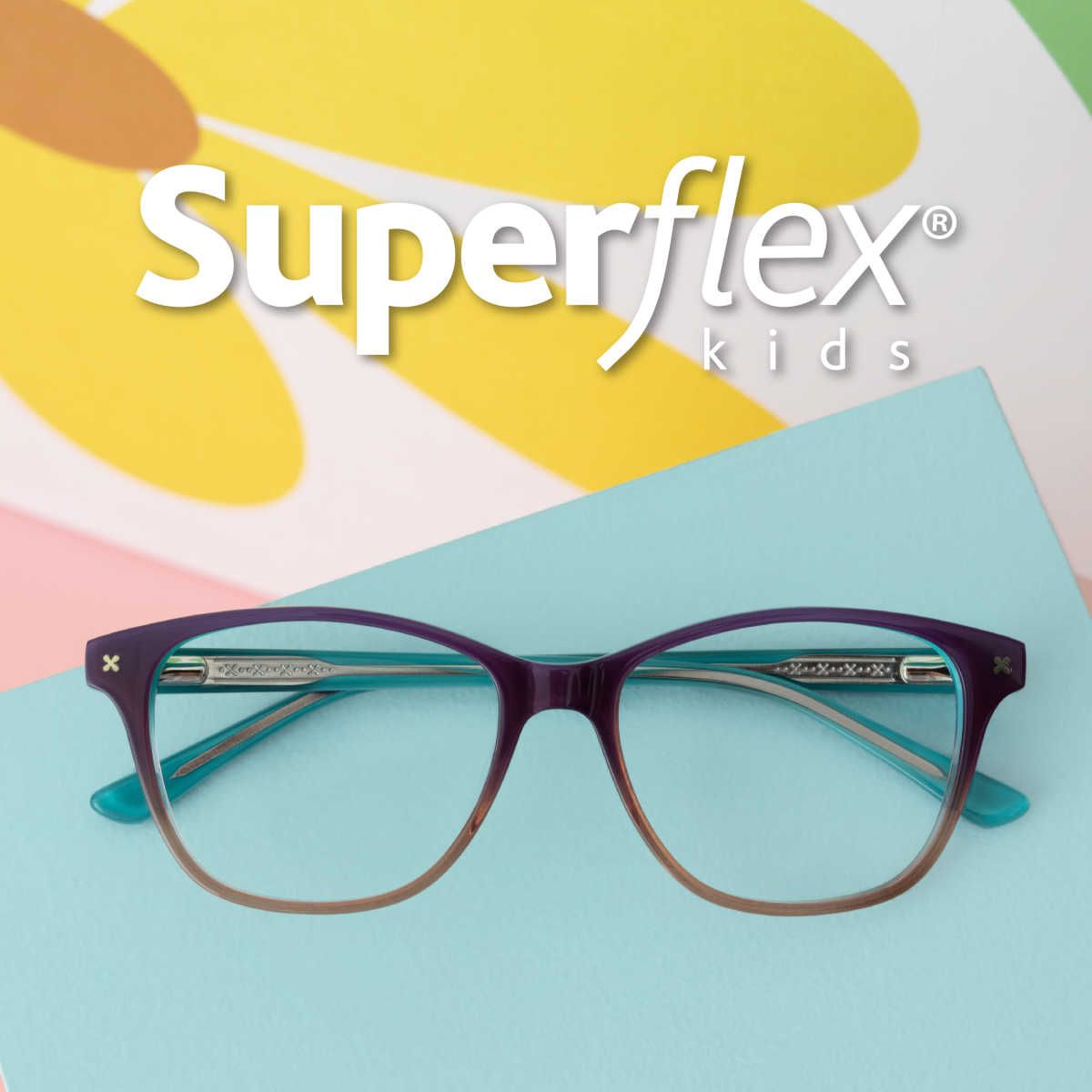 Single pair of colorful glasses against a teal background under the Superflex Kids logo