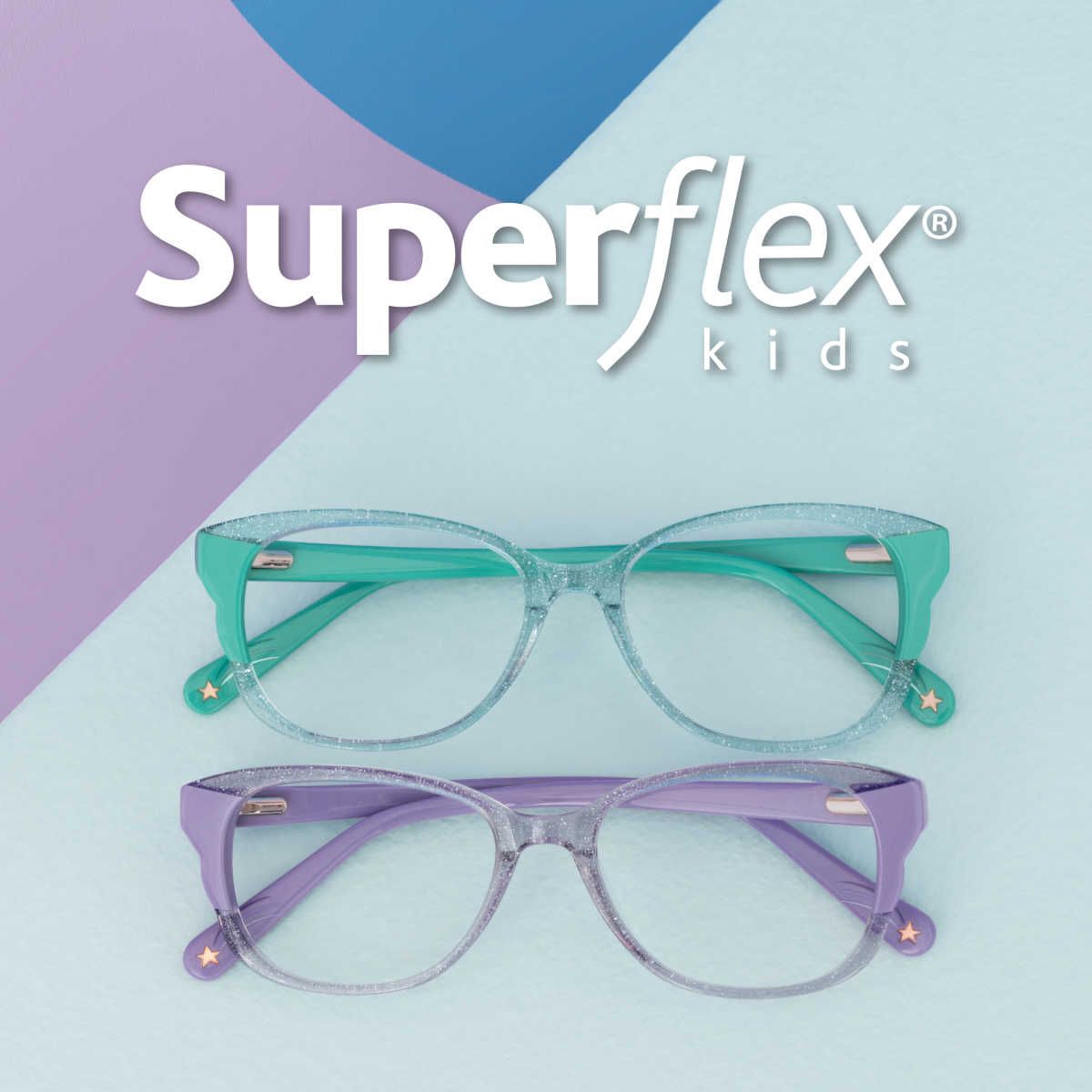 Two pairs of glasses, one teal and one purple, against a purple and teal backgound under the Superflex Kids logo