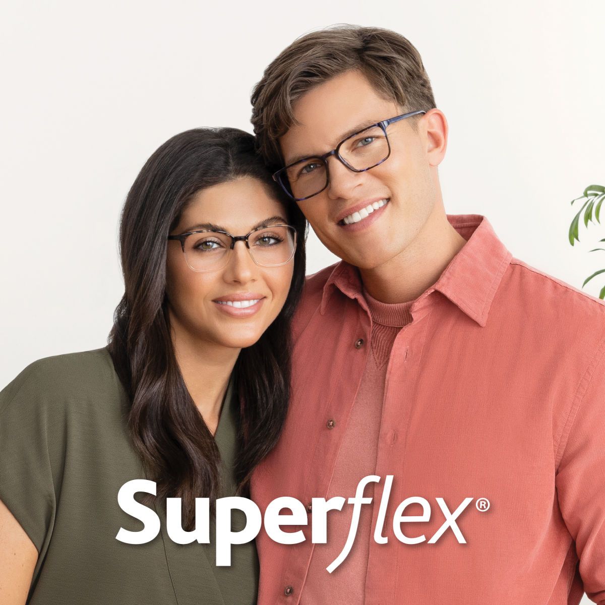 Woman and Man standing close, facing the camera, both wearing Superflex glasses