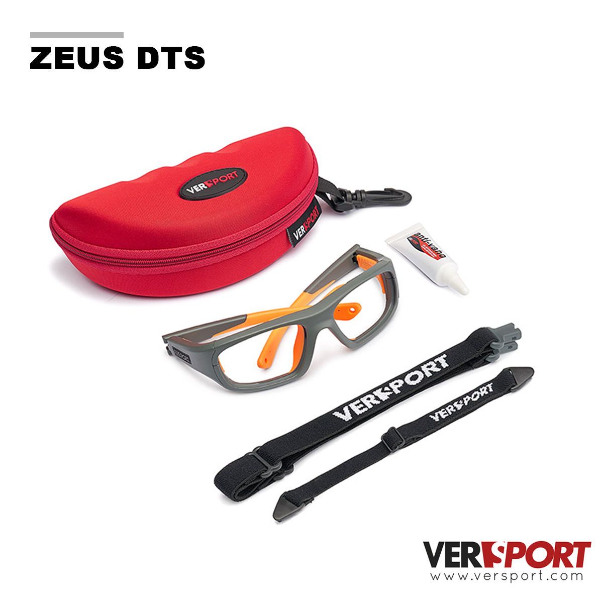 Grey and Orange VERSPORT frames folded on a white surface, surrounded by a case, straps, and cleaning suplies. VERSPORT logo is located bottom right.