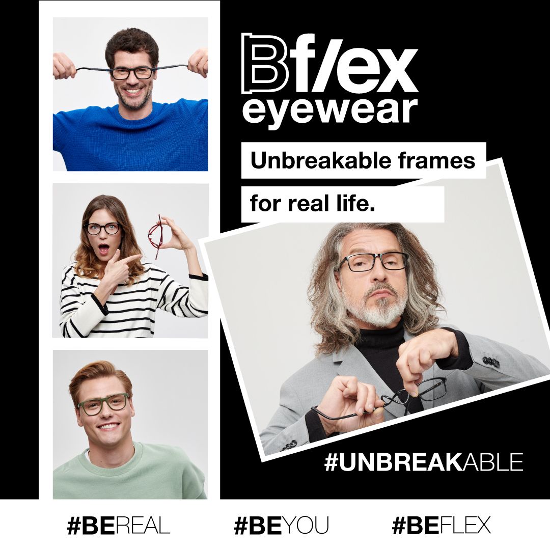 On the left three images are stacked vertically, each showing an individual wearing glasses. The person in the top image is stretching his frames, the person in the middle image is folding frames in half, the person in the bottom image is smiling at the camera. An image of an older gentleman with long grey hair and a beard is featured twisting a set of frames. Bflex Eyewear logo is in the upper middle of the image.