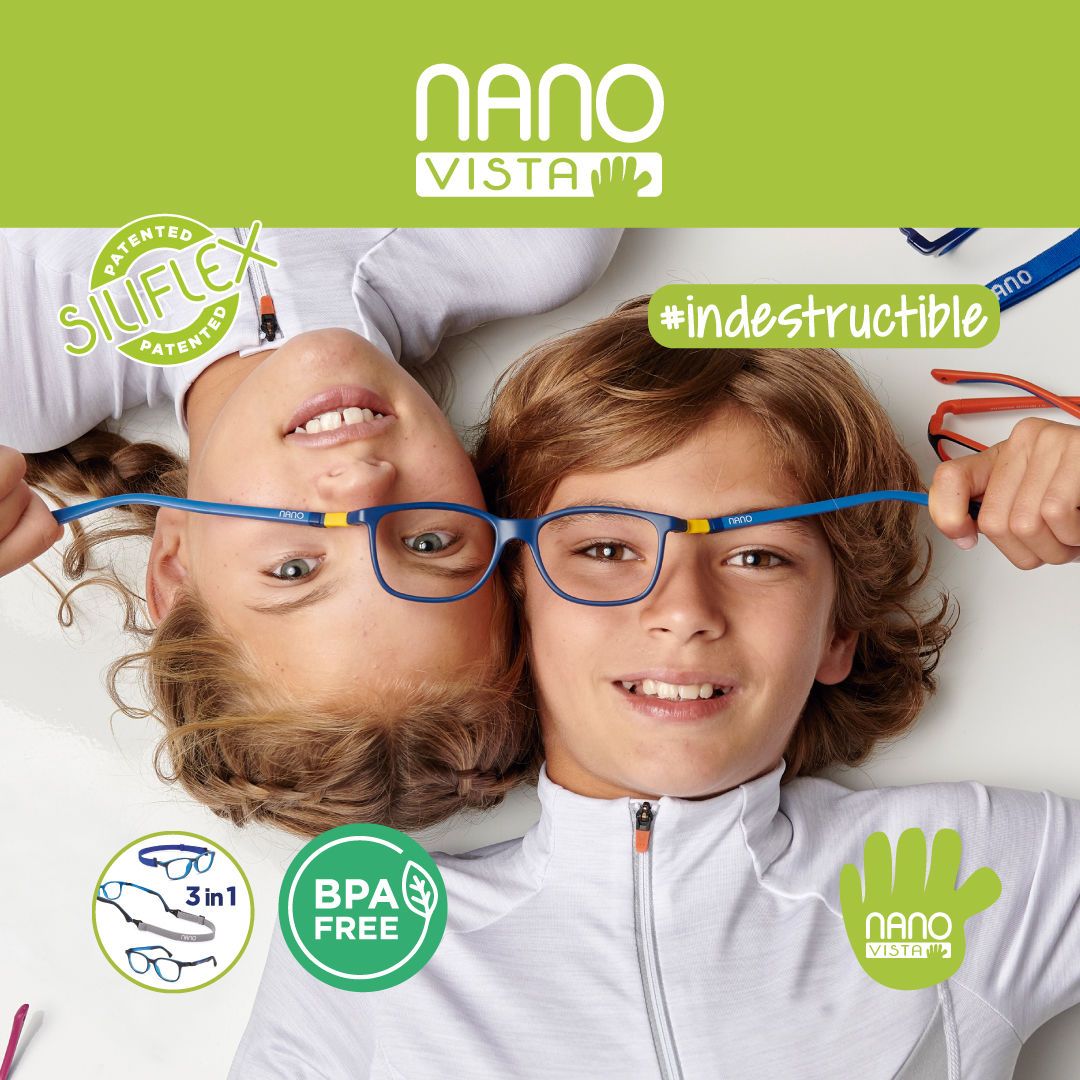 Two children lying side by side, showcasing a pair of glasses held horizontally across both of their faces. The glasses are vibrant blue with yellow accents. Nano Vista Logo across the top and in the bottom right of image.