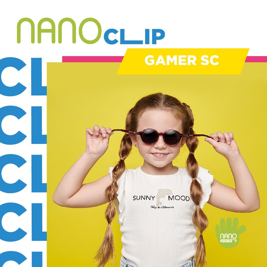 Young girl with long hair in styled pigtails and white t-shirt stands against a bright yellow background, holding sunglasses in front of her eyes while stretching the temples away from the sides of her face. Nano Clip logo located in the upper left, Nano Vista logo located on bottom right.