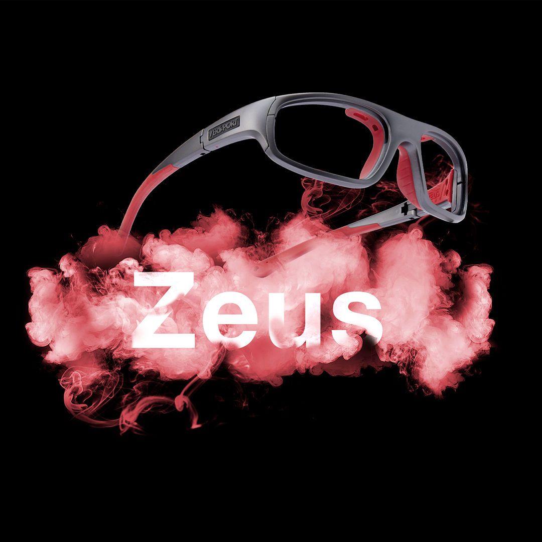 Grey and Red VERSPORT frames floating on a black background above a red puff of smoke around the word Zeus.