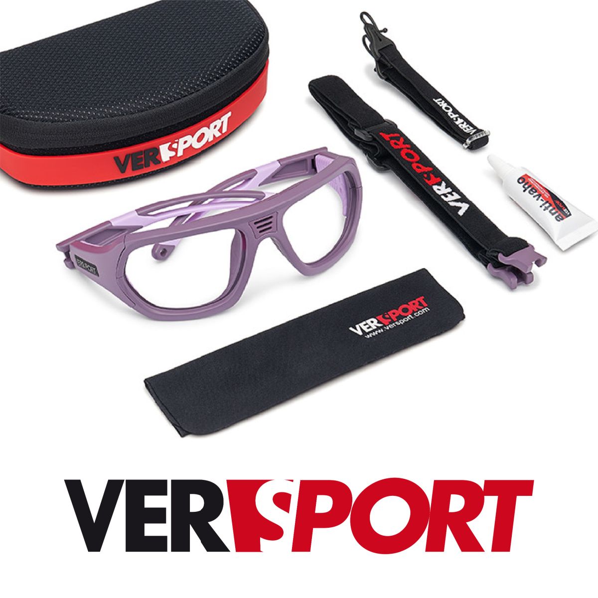 Purple VERSPORT frames folded on a white surface, surrounded by a case, straps, and cleaning suplies. VERSPORT logo along the botom.