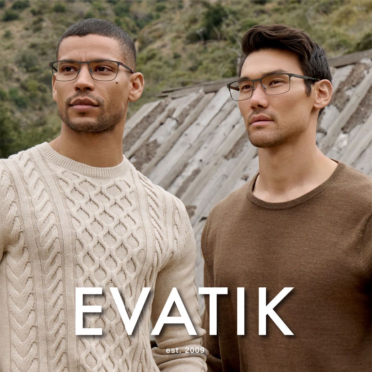 Two male models standing and facing left of the camera showing off two different styles of square frames. EVATIK logo in white along the bottom.