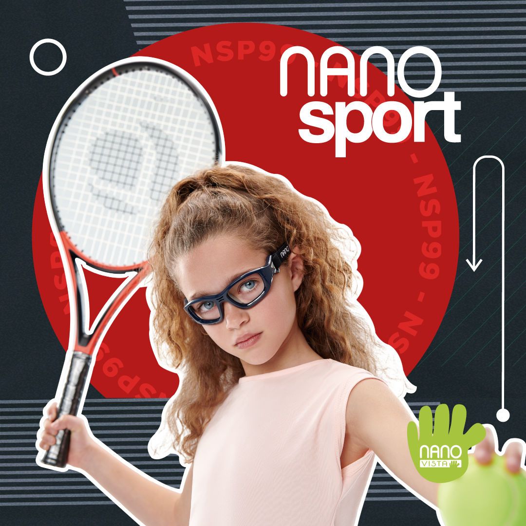 You gilr with long curly hair and a pale pink tanktop and thick black frames that strap to her head, holding a tennis racket in one hand and the ball in the other, against a busy black and red background. Nano Sport logo in upper right. 